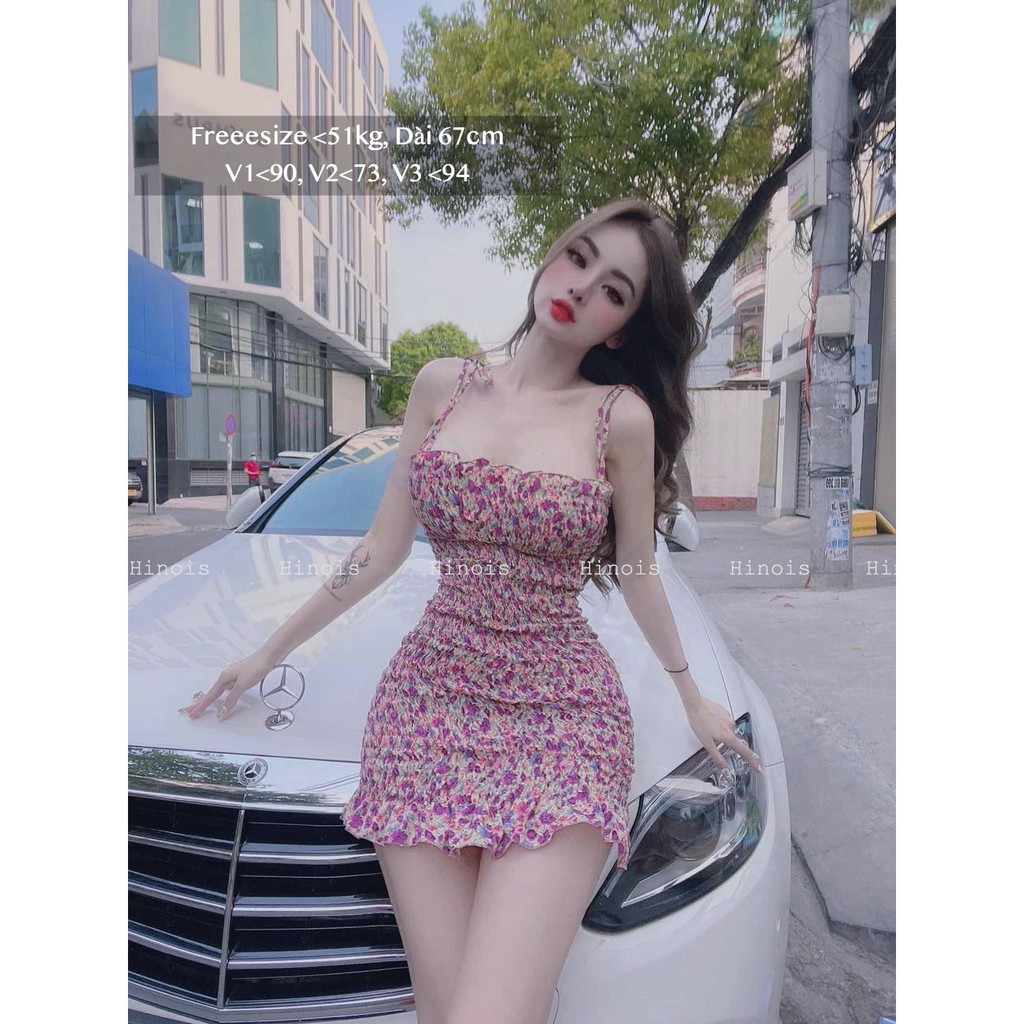 [HINOIS229] Đầm Body Nhún 🌸 Váy 2 Dây Hoa Nhí Dáng Ôm, Chất Lụa Thấm Hút Mồ Hôi, Thích Hợp Đi Chơi, Đi Tiệc | BigBuy360 - bigbuy360.vn
