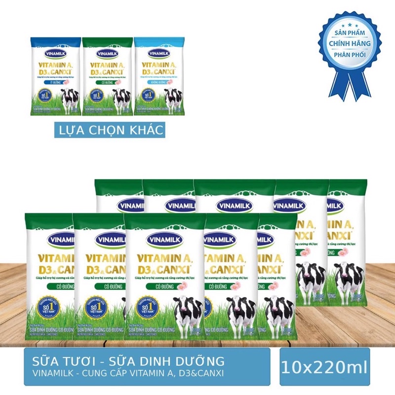 Mẫu mới Thùng 48 bịch sữa dinh dưỡng Vinamilk A&D3 có đường 220m Loại sữa Có đường + không đường