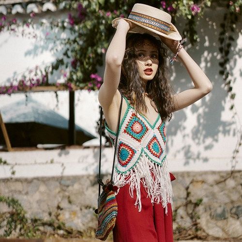 Jiashucheng Dream Horse Áo Vest Dệt Kim Khoét Rỗng Dáng Ngắn Phối Tua Rua Phong Cách Dân Tộc Thích Hợp Đi Nghỉ Mát Mùa Hè