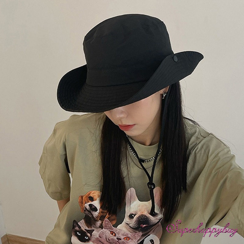 Mũ Bucket Vành Rộng Có Dây Cột Phong Cách Cao Bồi Phương Tây Chống Nắng Ngoài Trời Cho Nữ