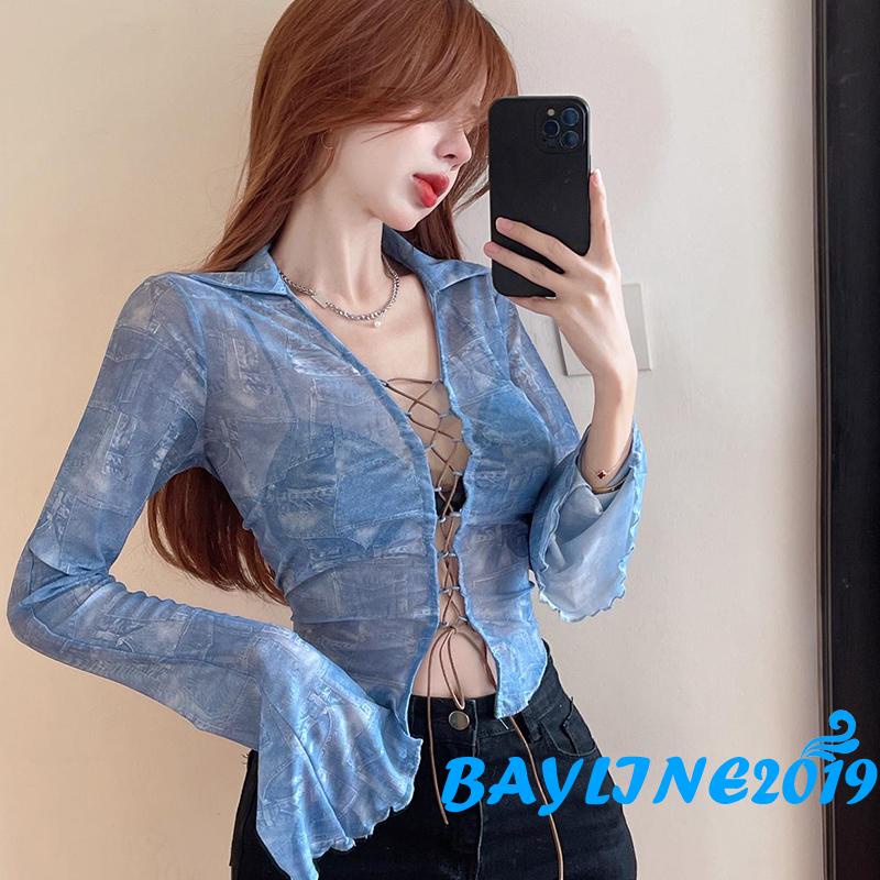Áo kiểu dài tay vải lưới phong cách đường phố dành cho nữ