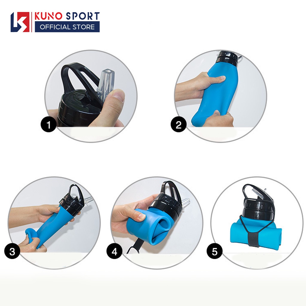 Bình Đựng Nước Silicon  KUNO SPORT 610ML gấp gọn tiện lợi thể thao, xe đạp, neo núi