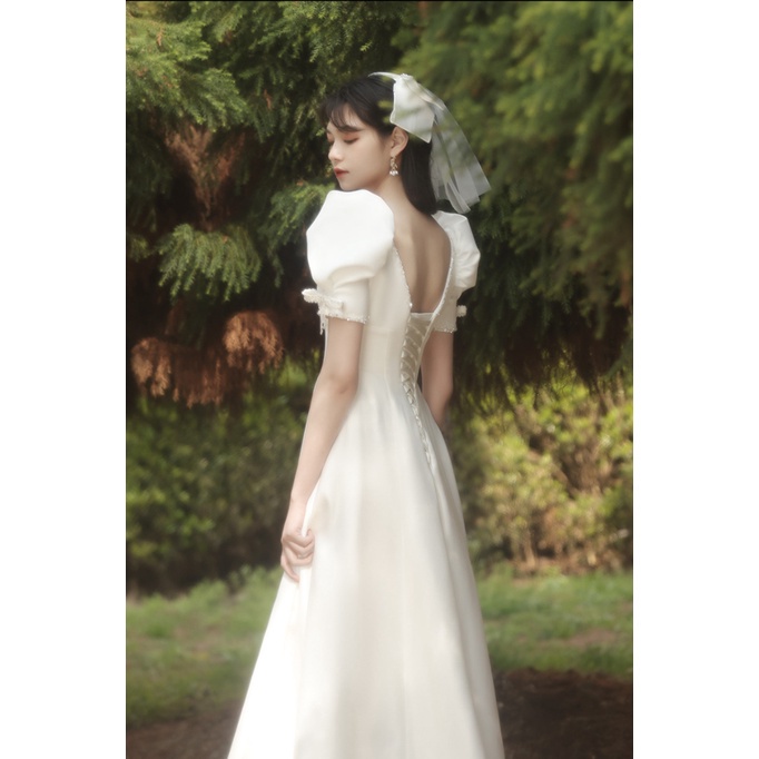 Đầm Cô Dâu Ngắn Tay Vải Satin Màu Trắng Thời Trang