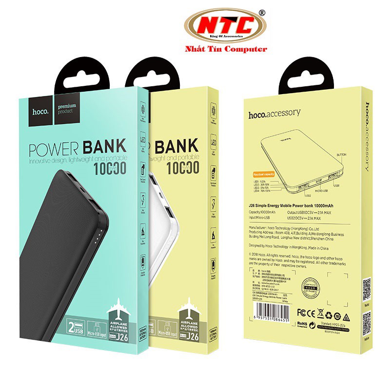  Pin sạc dự phòng Hoco J26 Simple energy 10000mAh - 2 cổng sạc - Phân phối chính thức