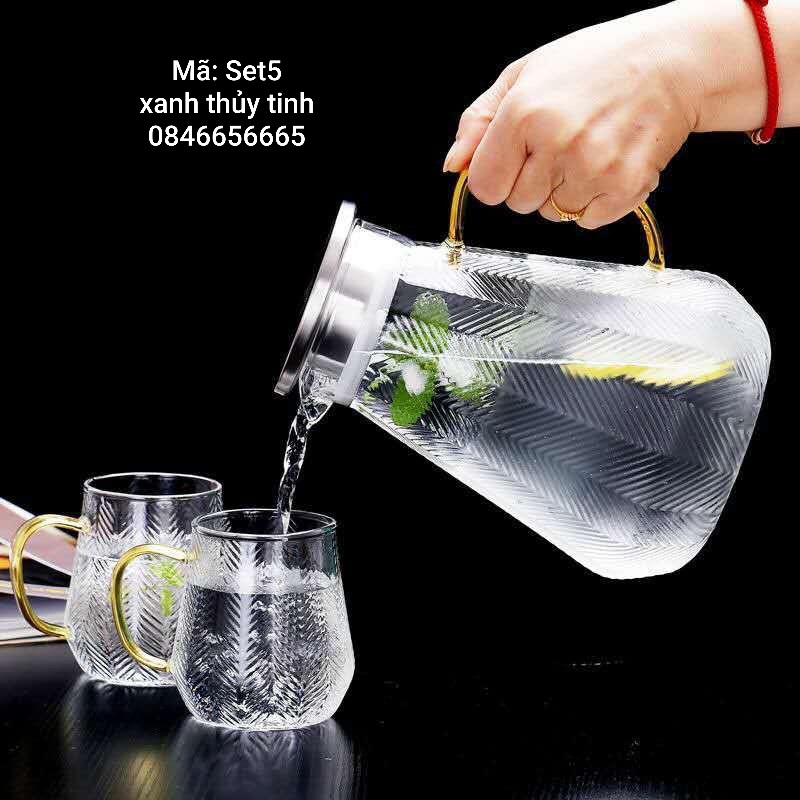 Bộ bình thủy tinh khía 1600ml + 2 cốc 350ml