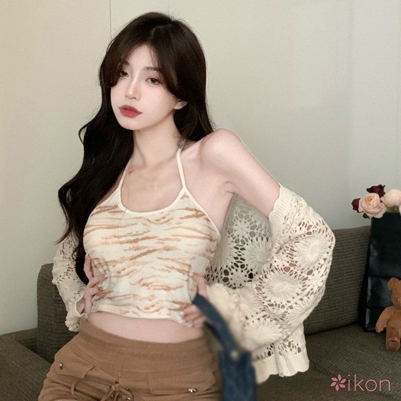 1 Bộ Áo Khoác Cardigan Dệt Kim + Áo Sát Nách Hở Lưng Kiểu Hàn Quốc Gợi Cảm