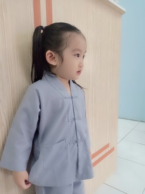 Đồ đi chùa cho bé, thời trang em bé, áo lam đi chùa