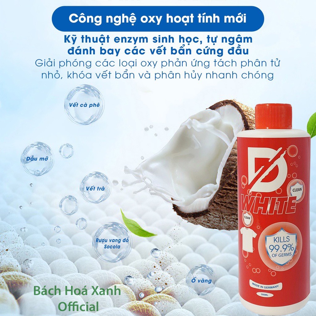 Nước Tẩy Trắng quần áo  D.WHITE Tẩy mốc quần áo, ố vàng, không bay màu vải an toàn cho da, không mùi