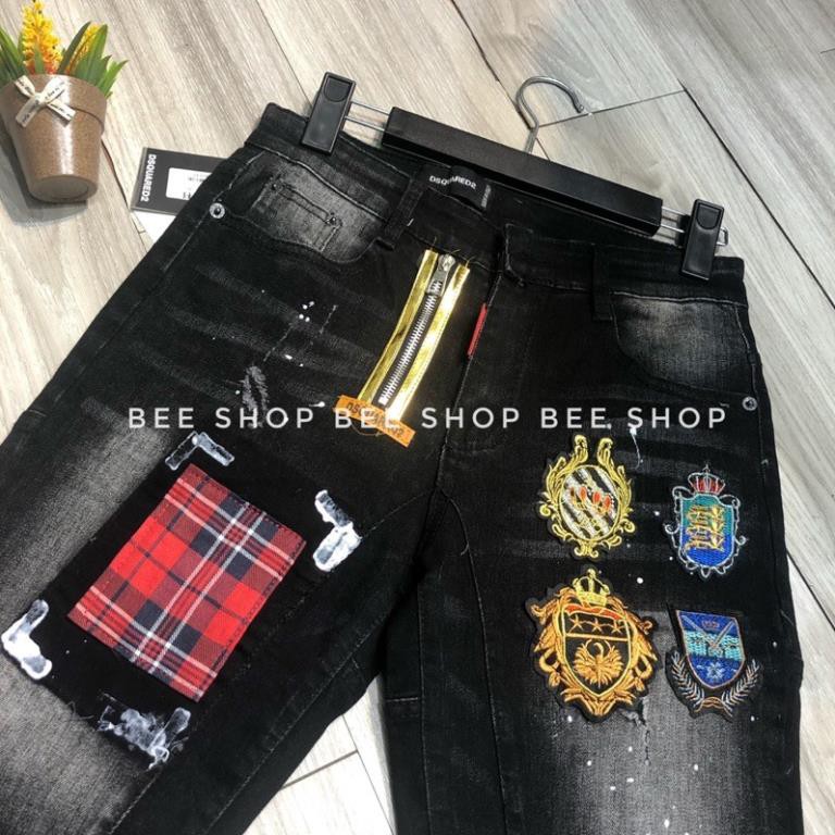 Quần bò ngố nam Dsq đính huy hiệu vá đỏ , quần jean nam, quần short bò 4 logo - Bee Shop 😘