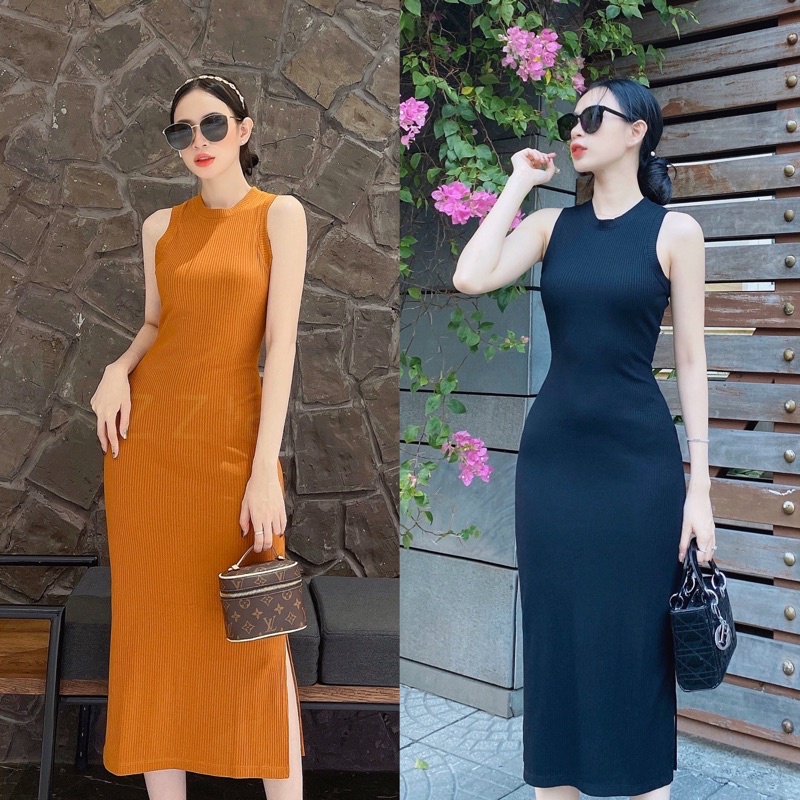 Đầm body cổ yếm xẻ tà thun gân tôn dáng (Clip + Ảnh chụp thật)