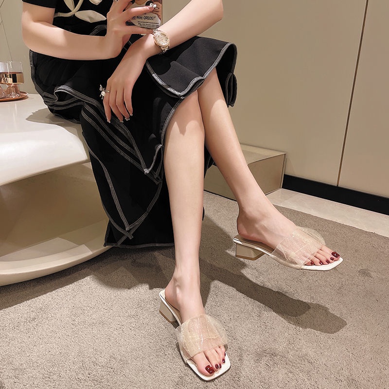 Dép Xỏ Ngón Đế Dày Mũi Vuông Đính Pha Lê Thời Trang Cho Nữ