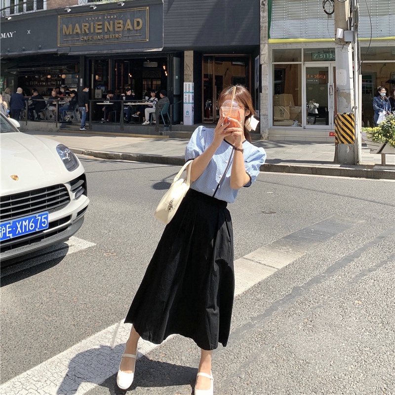 SUXI Áo Kiểu Tay Ngắn Cổ Tròn Kẻ Sọc Ca Rô Thời Trang Mùa Hè Dành Cho Nữ