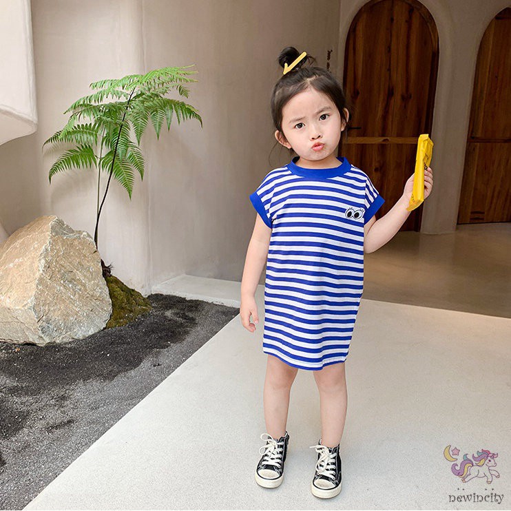 Đầm Ngắn Tay Kẻ Sọc Phong Cách Hàn Quốc Thời Trang Mùa Hè Cho Bé Gái