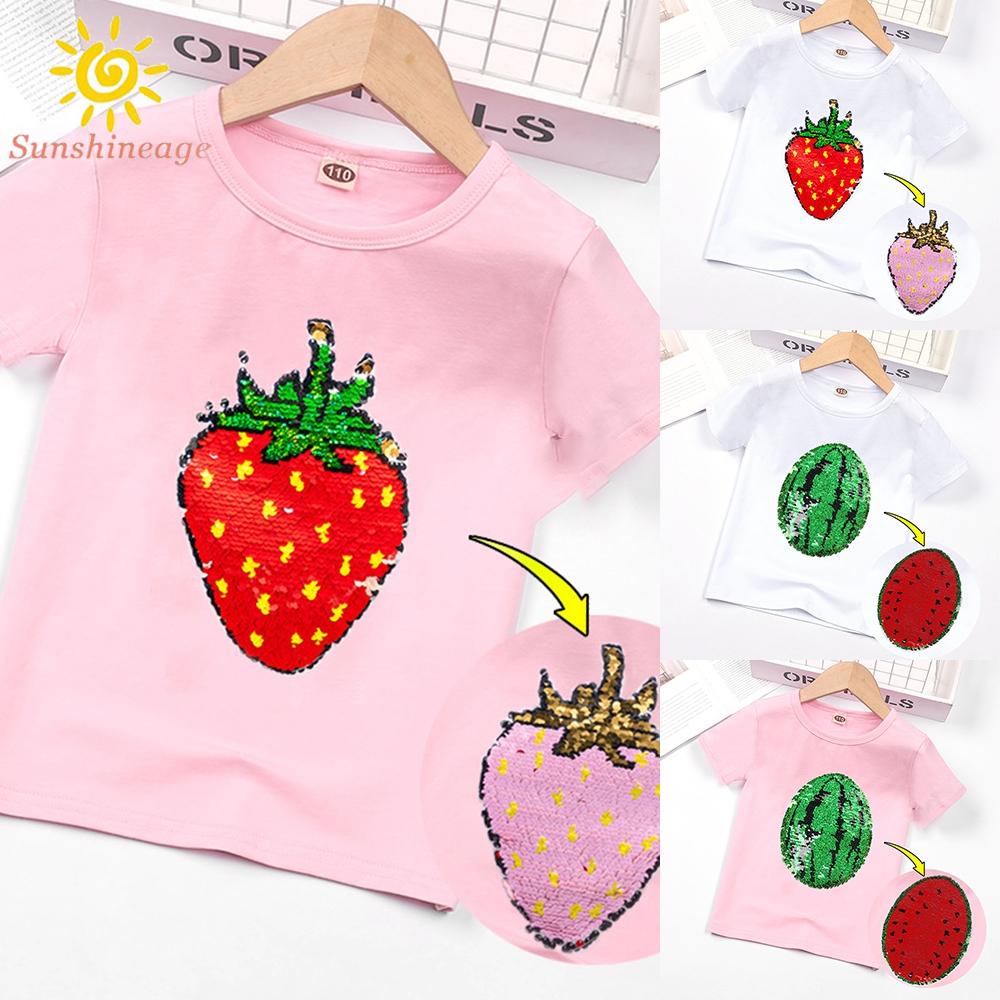 Áo Thun Ngắn Tay In Họa Tiết Đính Kim Sa Lấp Lánh Thời Trang Cho Bé Gái