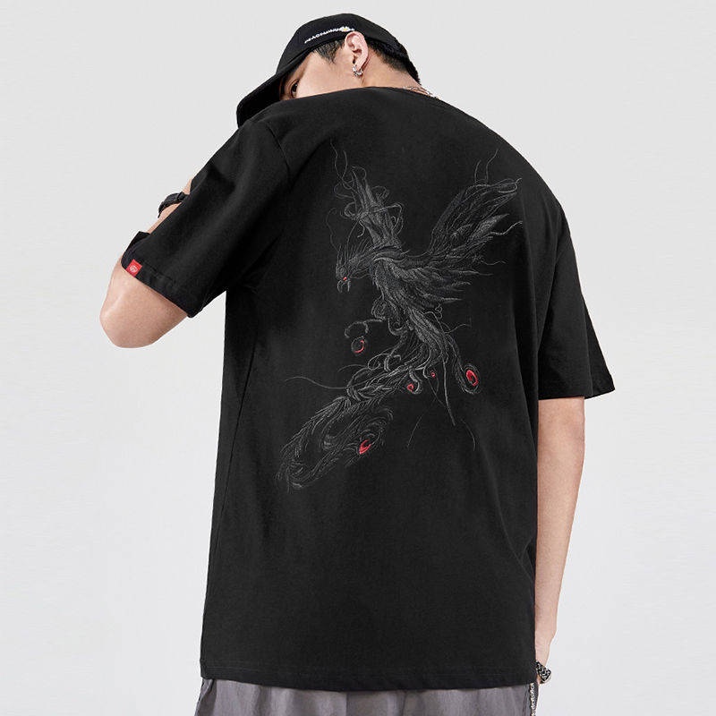 Áo Thun Cotton Tay Lỡ Dáng Rộng Thêu Hình Chim Phượng Hoàng Phong Cách Trung Hoa Cho Nam