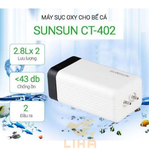 Máy Sủi Oxy 2 Vòi Sunsun CT-402 (4W-2x2.8Lít/Phút) - Máy Oxi Siêu Êm Cho Bể Cá