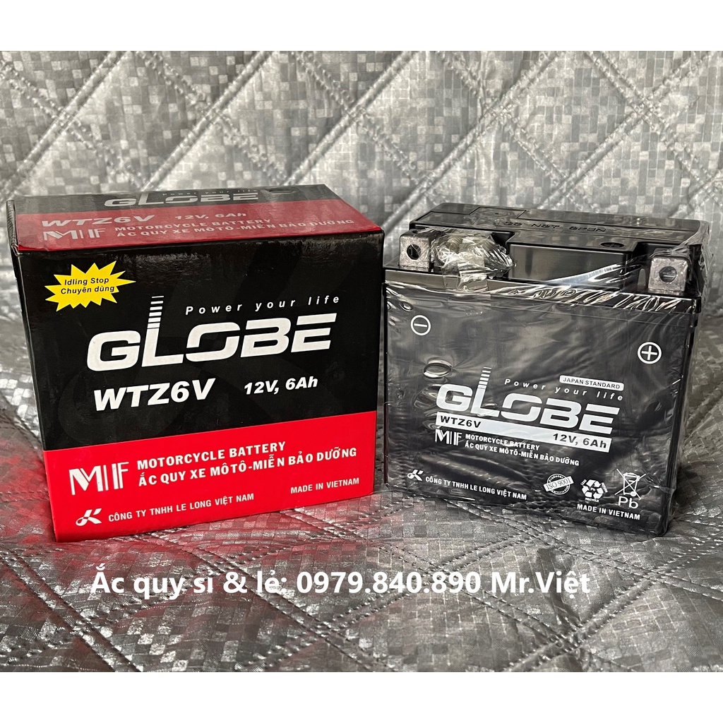 Ắc quy khô GLOBE WTZ6V 6.0Ah - KT: 113 x 70 x 106 mm ( thay thế cho GTZ6V 5.0Ah )