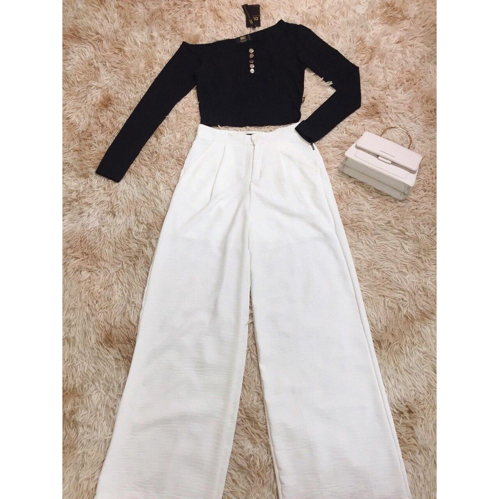 Sét đồ phối áo lệch vai sang chảnh với quần đũi trắng dài phong cách S1654_Chảnh Boutique [kèm ảnh thật]