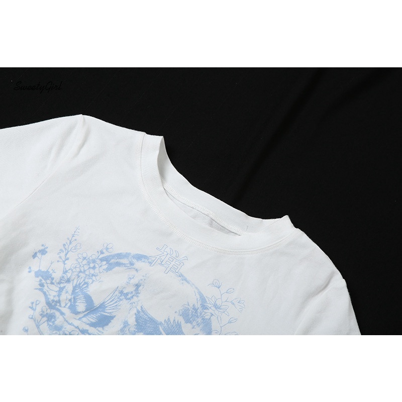 Áo Croptop Cổ Tròn Tay Ngắn Dáng Ôm Phối Dây Rút In Họa Tiết Thời Trang Cho Nữ 2022