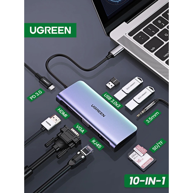 Hub Chuyển USB Type C 10 in1 Cao Cấp Ugreen 80133 Chính Hảng CM179