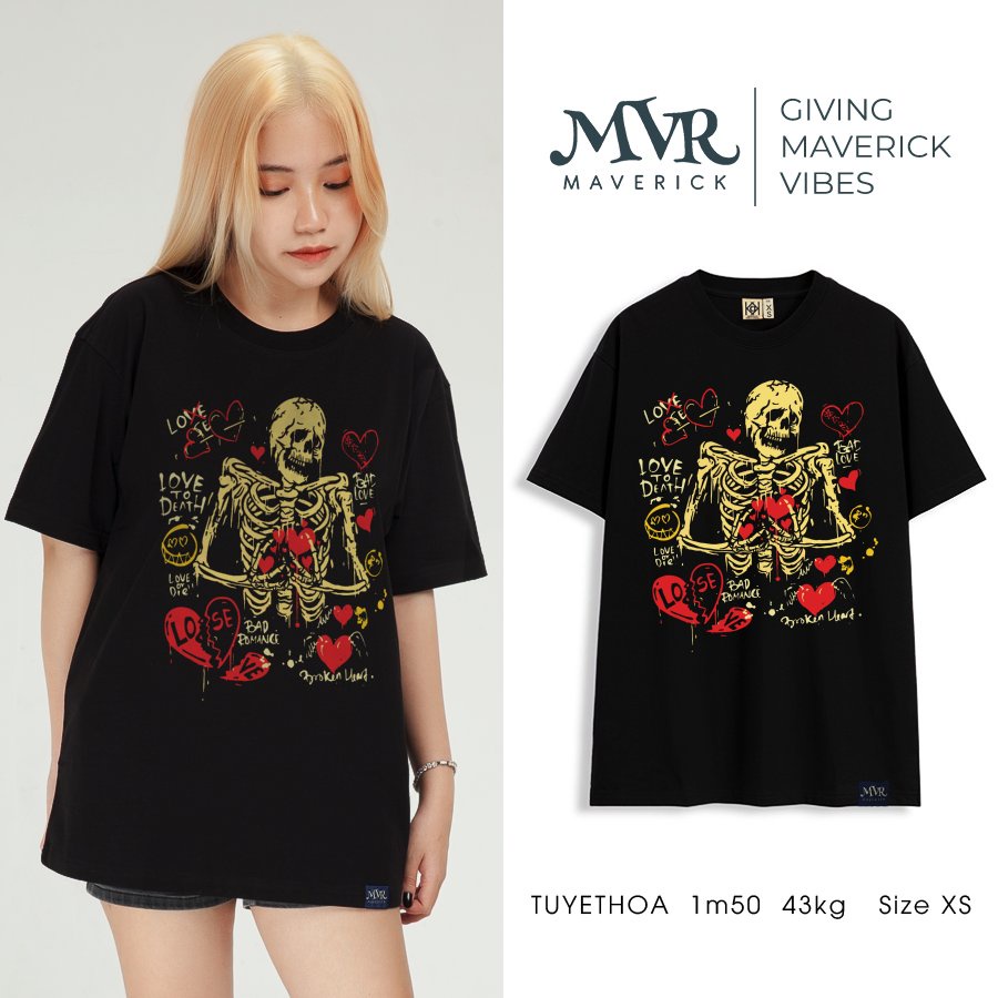 Áo phông thun Cotton unisex đầu lâu tình yêu MVR size rộng tee Mỹ BB4121
