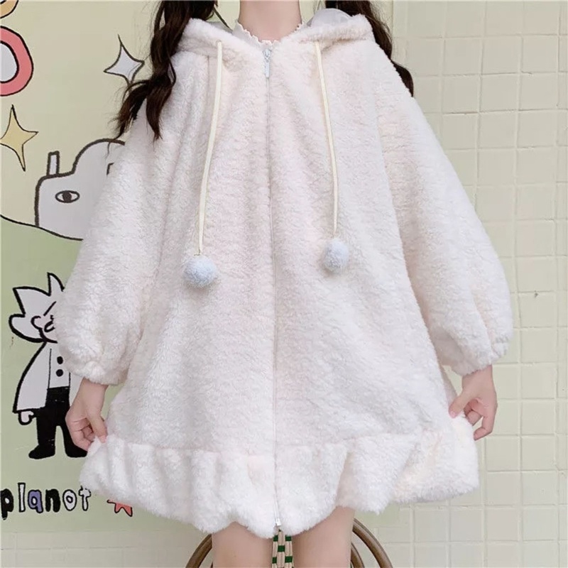 Áo Khoác Lông Tay Dài Có Mũ Tai Thỏ Dễ Thương Phong Cách Harajuku Cho Nữ