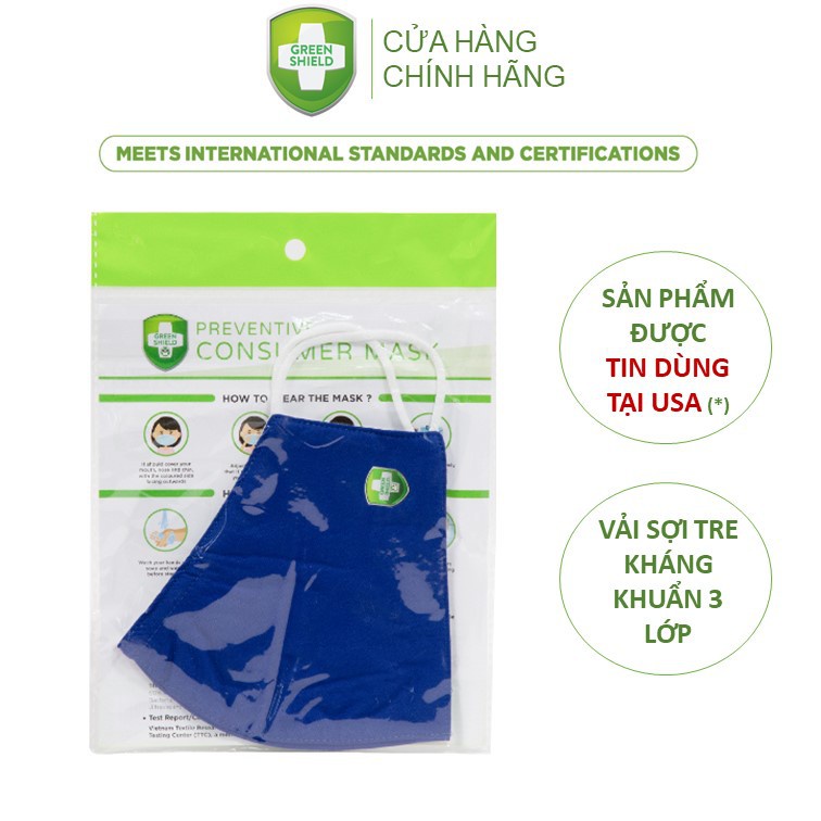 Khẩu Trang Green Shield-Vải Sợi Tre 3 Lớp Kháng Khuẩn-đạt tiêu chuẩn xuất USA-Size Trẻ Em và Người Lớn