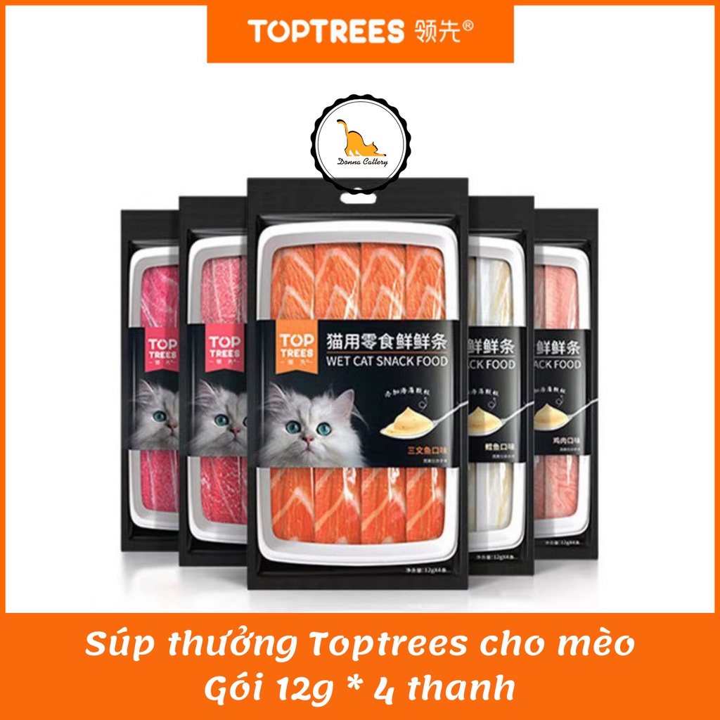 SÚP THƯỞNG TOPTREES CHO MÈO CÁ NGỪ THỊT GÀ CÁ TUYẾT CÁ HỒI GÓI 12g * 4 THANH