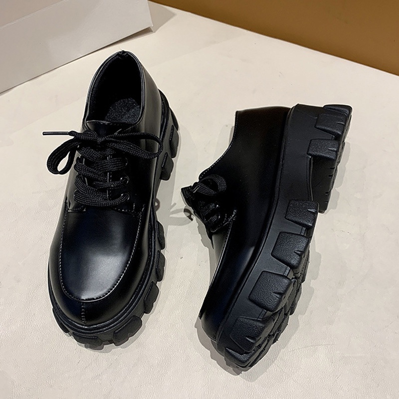 Giày Da Mũi Tròn Đế Dày Buộc Dây Màu Trơn Thời Trang Cho Nữ