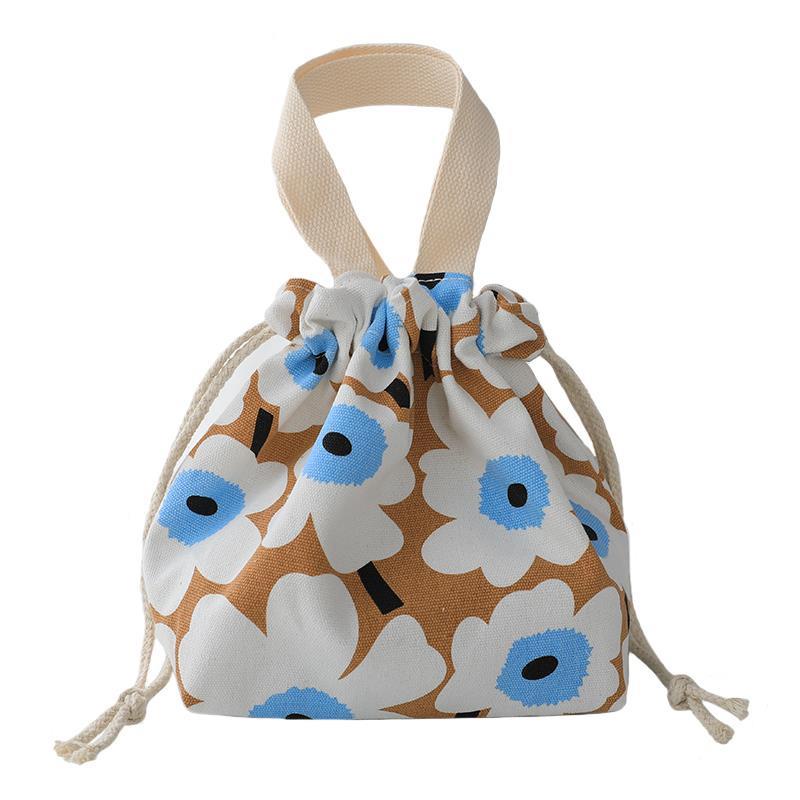 Túi đựng hộp cơm trưa xách tay tote canvas sức chứa lớn hai mặt họa tiết nghệ thuật phong cách Hàn Quốc dành cho nữ
