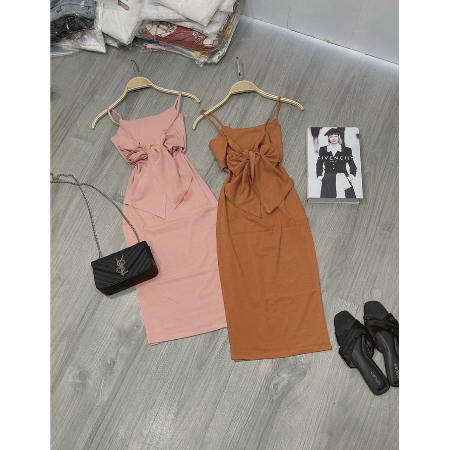 Đầm 2 dây trơn ôm body chất thun đẹp phối buộc nơ lưng xinh xắn