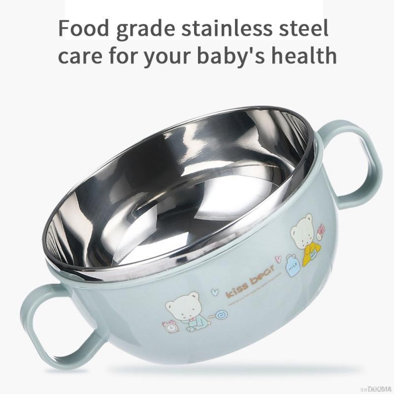 Tô đựng thức ăn bằng thép không gỉ có nắp và muỗng chống rơi họa tiết hoạt hình cho bé