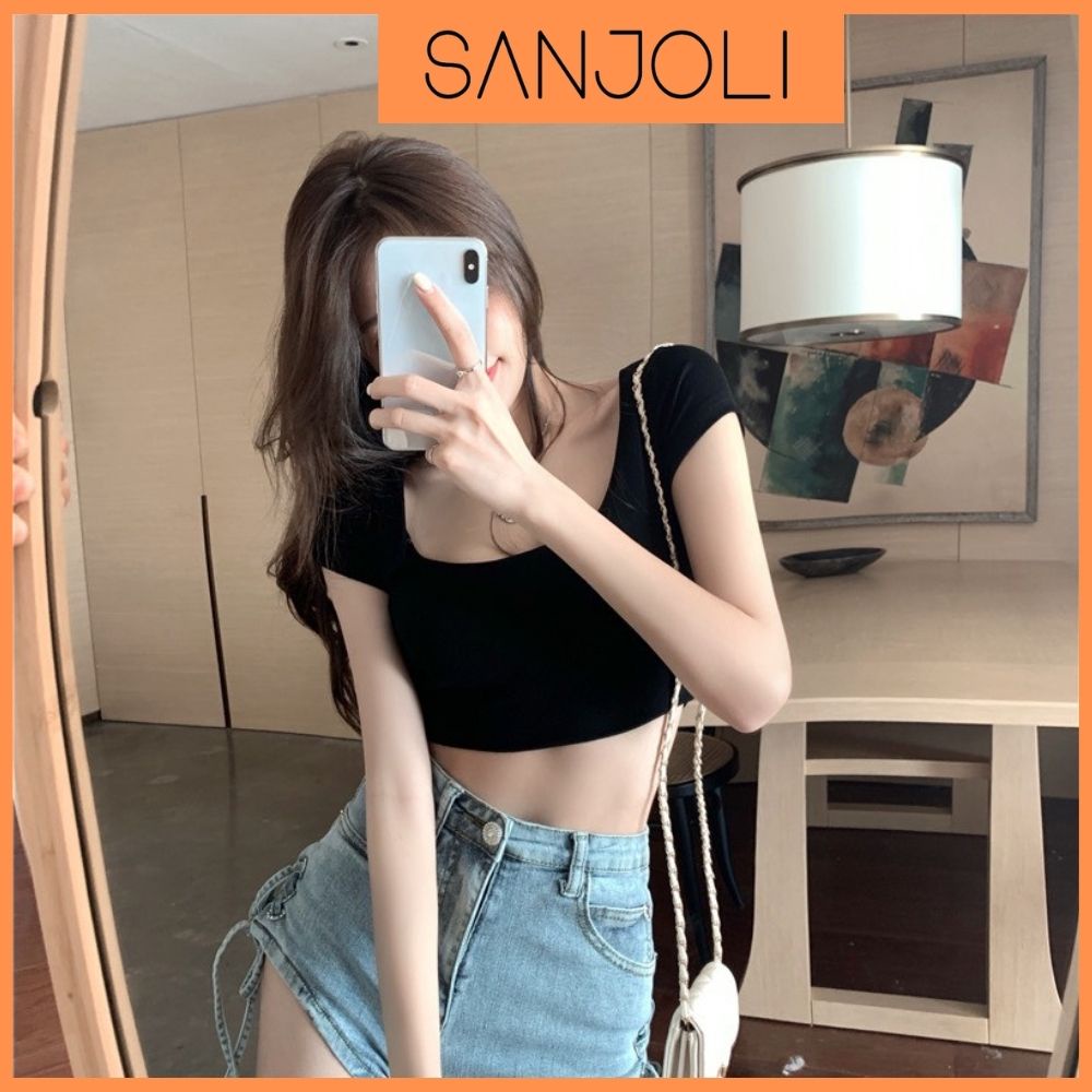 Áo Croptop Tay Ngắn SANJOLI Áo Crt Ba Lỗ Hoạ Tiết Trơn Phong Cách Mùa Hè Năng Động AO057