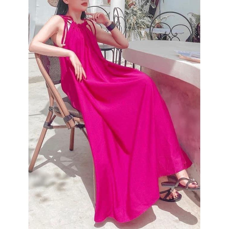 Đầm maxi cổ yếm buộc nơ, chất liệu lụa xước nhiều màu sang xịn