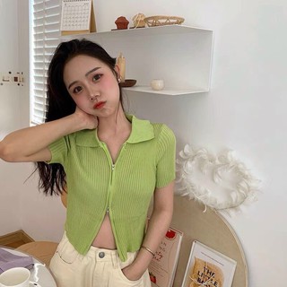Áo len mỏng cộc tay cổ bẻ 2 khoá