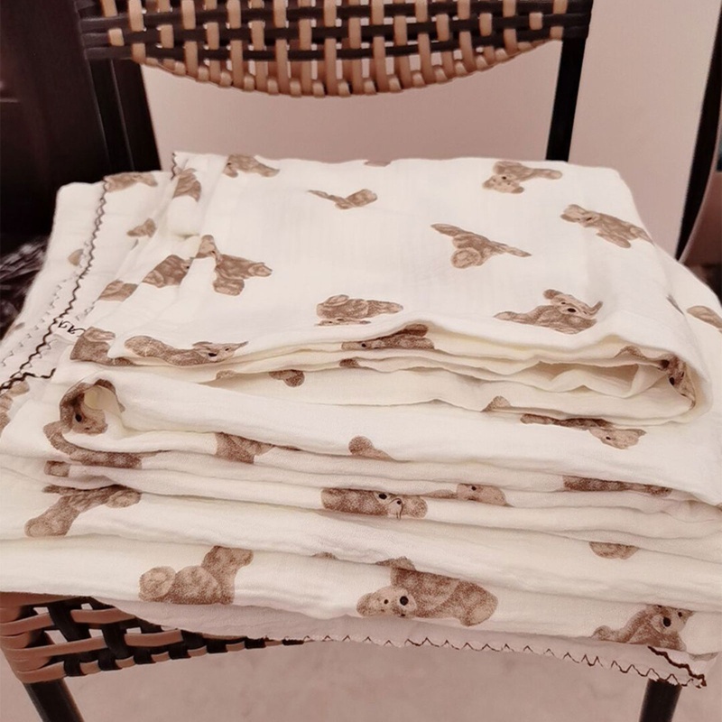 Chăn Quấn Em Bé 2 Lớp Họa Tiết Gấu Muslin Thời Trang Xuân Hè Thoáng Khí