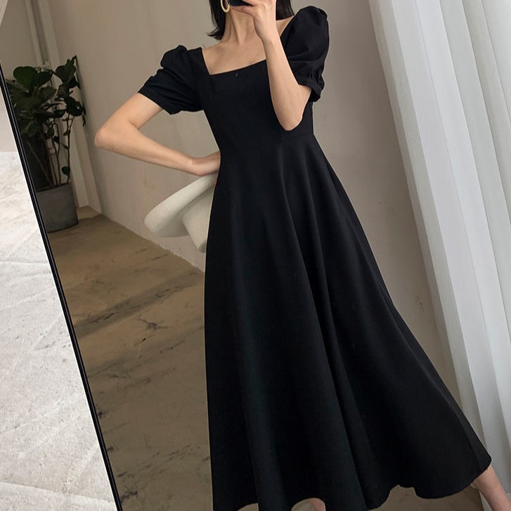 New summer temperament square neck Hepburn dress