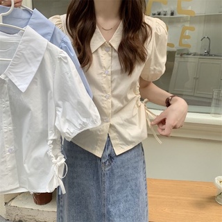 Áo Sơ Mi Tay Ngắn Dáng Ôm Phối Dây Buộc Thời Trang Mùa Hè Phong Cách Pháp Mới Cho Nữ