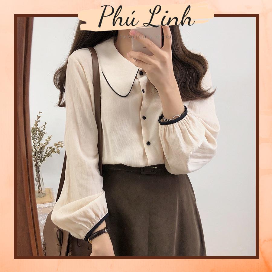 MS254 Áo sơ mi nữ cổ sen phối viền màu vintage