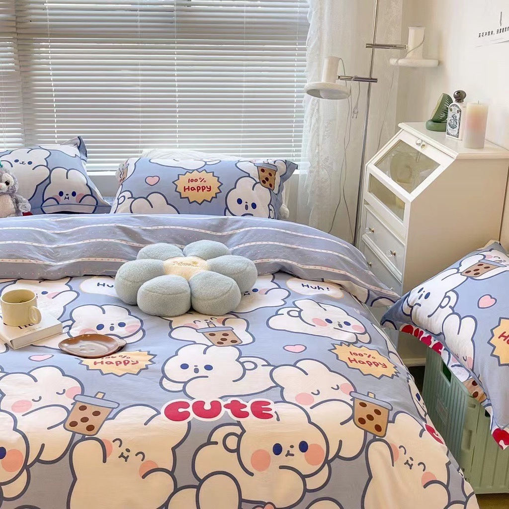 Bộ Chăn Ga Gối Cotton Living - 100% Cotton  , Bộ Ga Giường - Vỏ Chăn - 2 Vỏ Gối Nằm Họa Tiết Thỏ Ngọc Cho Các Bé