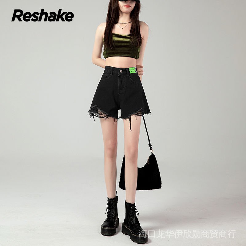 Quần Short Denim Lưng Thun Cao Phối Dây Rút Màu Đen Phong Cách Hàn Quốc Thời Trang Mùa Hè Cho Nam Và Nữ 2022 Quần Đùi Lưng Cao Thời Trang Cho Nữ