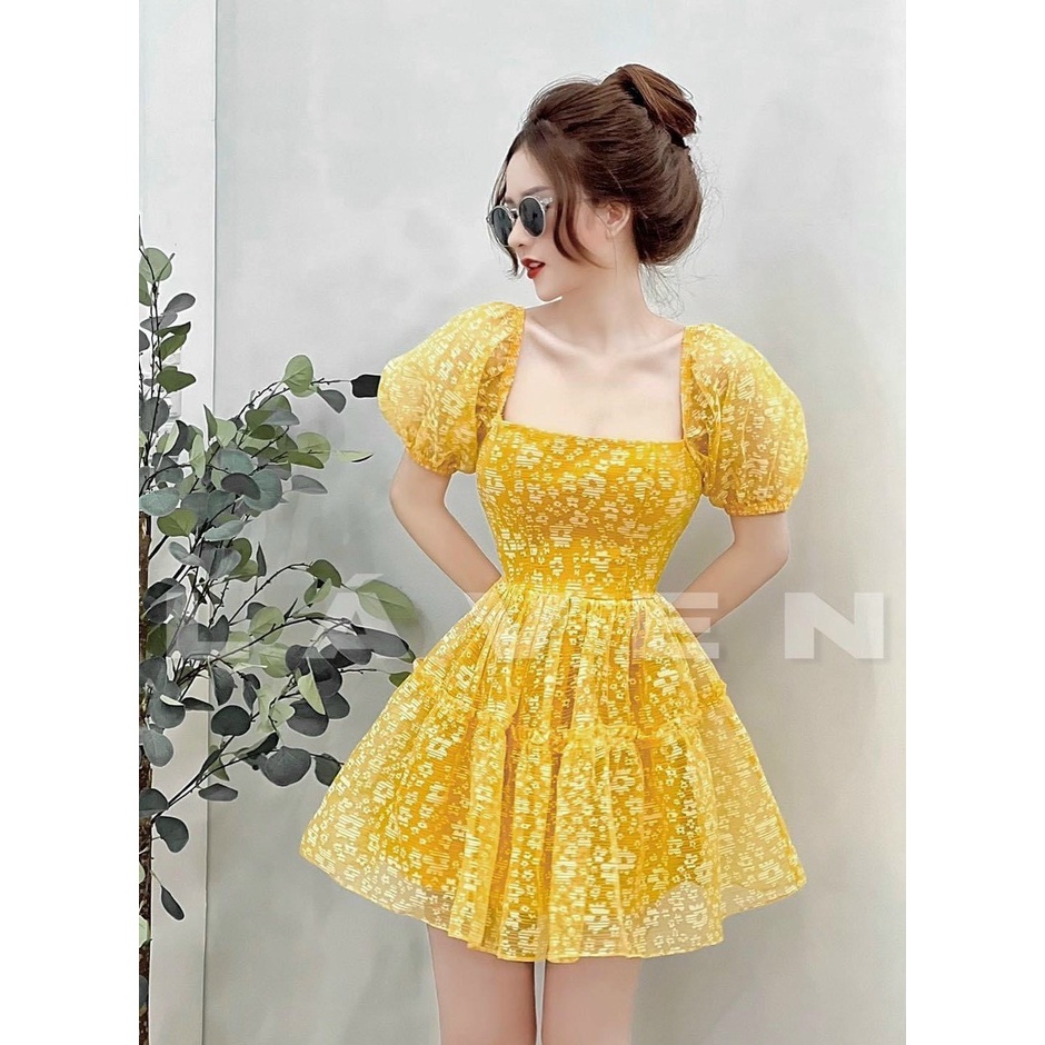 Đầm váy xòe nữ ren hoa cổ vuông tay phồng cột nơ lưng thời trang năng động trẻ trung