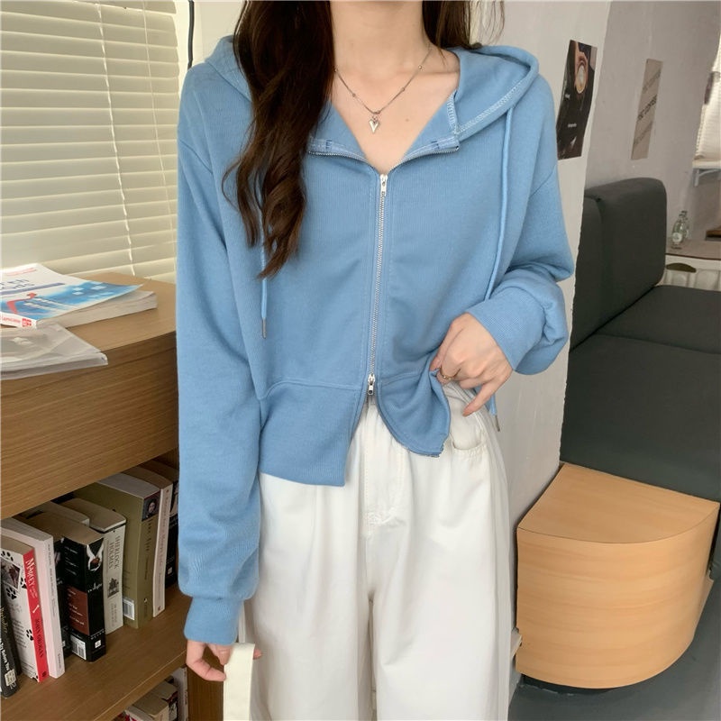 Áo Khoác Cardigan Cotton Màu Trơn Tay Dài Dáng Rộng Cổ polo Có Khóa Kéo Phong Cách Hàn Quốc Thời Trang Thu Đông Mới Cho Nữ