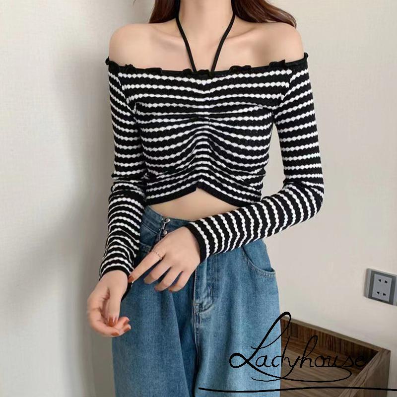 Áo Dệt Kim Ngắn Mỏng Vừa Vặn Cổ Treo Thiết Kế Dây Rút Thời Trang Mùa Thu Mới Cho Nữ