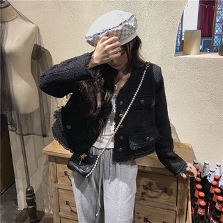 Áo dạ tweed đen cổ V (ORDER)