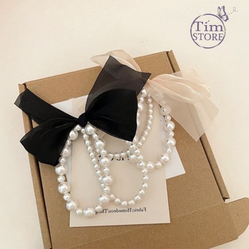 Dây cột tóc nữ nơ voan ngọc trai nhân tạo TÍM STORE phụ kiện thời trang phong cách hàn quốc đẹp