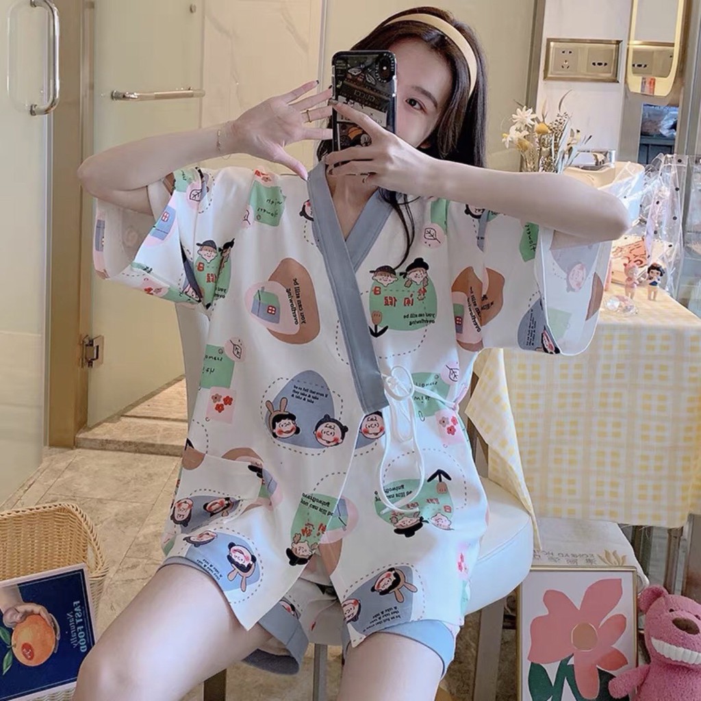 Bộ Pijama Nữ Dây Eo Cộc Tay Icon 🦋 Set Ngủ Mặc Nhà Ngắn Tay Nhiều Màu 🦋 Bộ đồ Kimono Kẻ Emo Nam nữ - Yukata quả đào