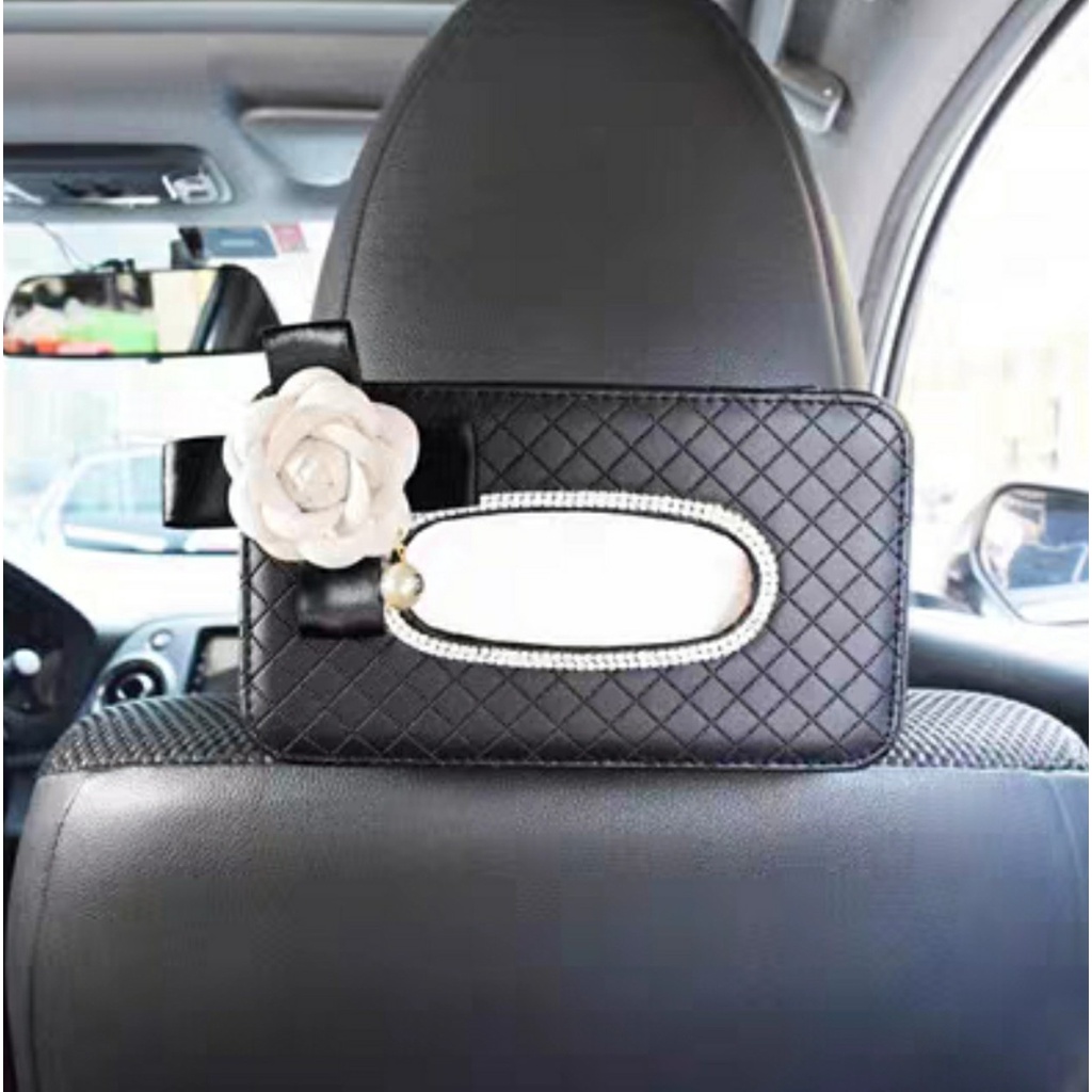 Hộp giấy đính đá hoa trà để taplo, Treo sau ghế ô tô thanh lịch quý phái