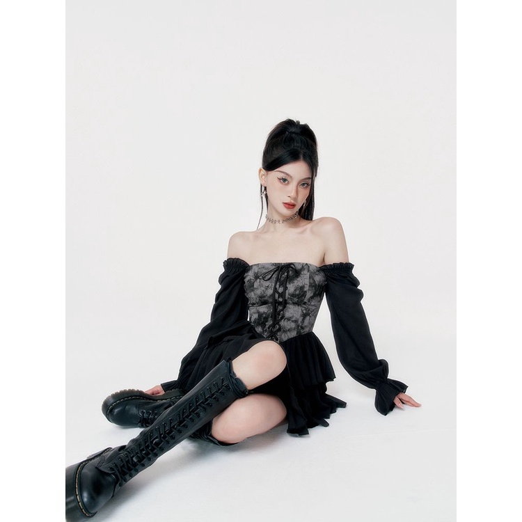 Đầm Lệch Vai Ôm Eo Màu Nhuộm Phong Cách Mới Lãng Mạn Mùa Thu W