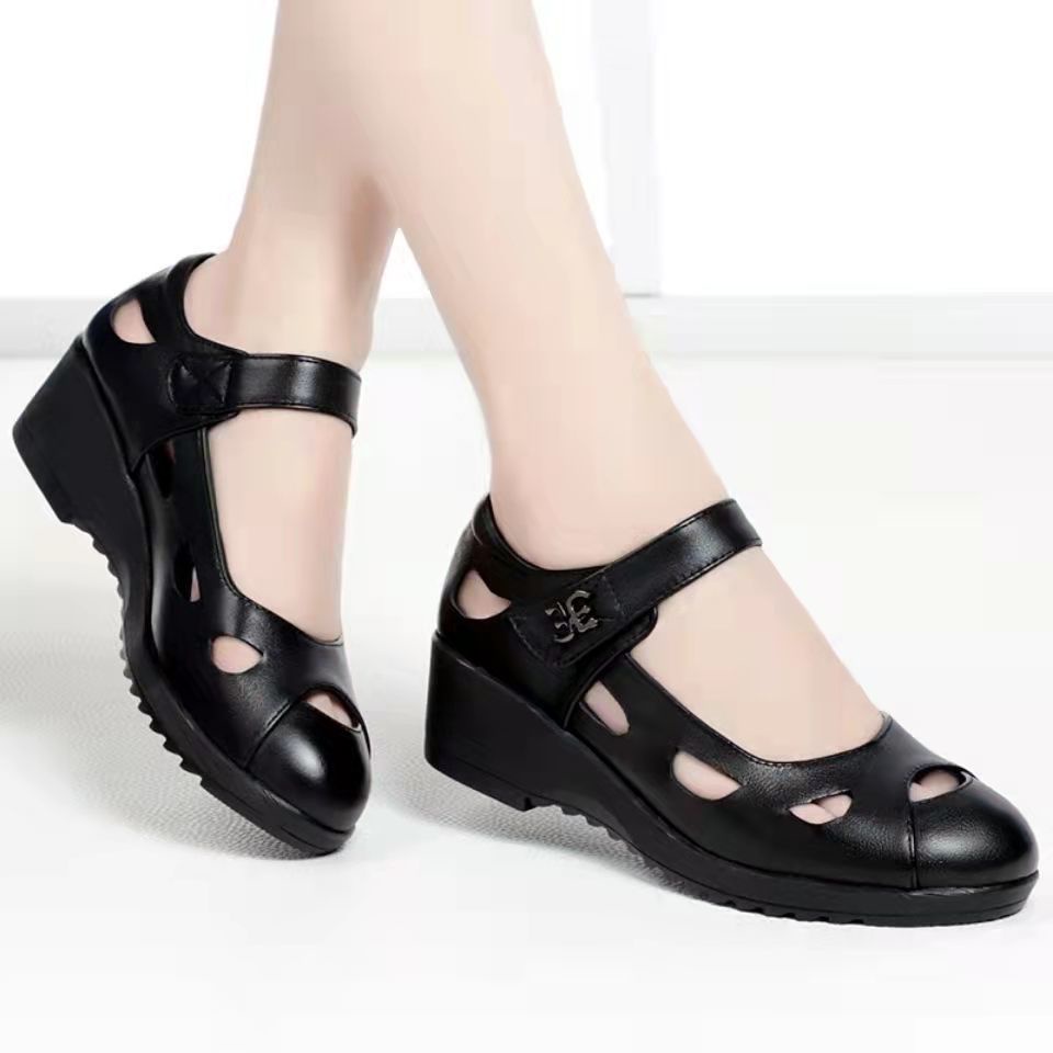 Giày Sandal Da Thật Đế Xuồng Mềm Mũi Tròn Thời Trang Cho Phụ Nữ Trung Niên